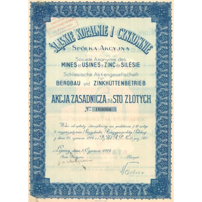 Slaskie Kopalnie I Cynkownie - S.A. des Mines et Usines à Zinc de Silésie (Act 100 Zlotys) (1924)