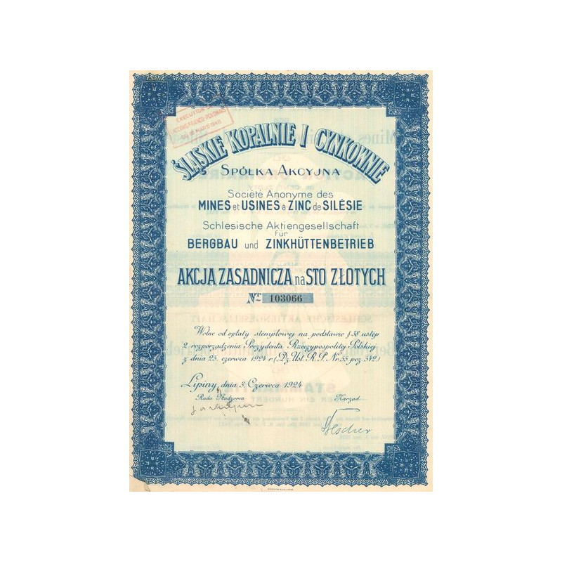 Slaskie Kopalnie I Cynkownie - S.A. des Mines et Usines à Zinc de Silésie (Act 100 Zlotys) (1924)