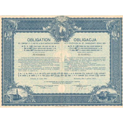 Obl de l'Emprunt 4 1/2 % 1931 de la Ville Capitale de Varsovie (Obl 495.98 Zlot Or)