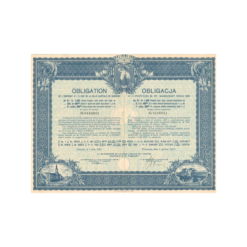Obl de l'Emprunt 4 1/2 % 1931 de la Ville Capitale de Varsovie (Obl 495.98 Zlot Or)