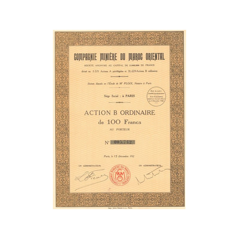 Cie Minière du Maroc Oriental (Act B 100 F)