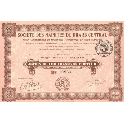 Sté des Naphtes du Rharb Central Pour l'Exploitation de Gisements Pétrolifères du Nord Marocain (Act 100 F)