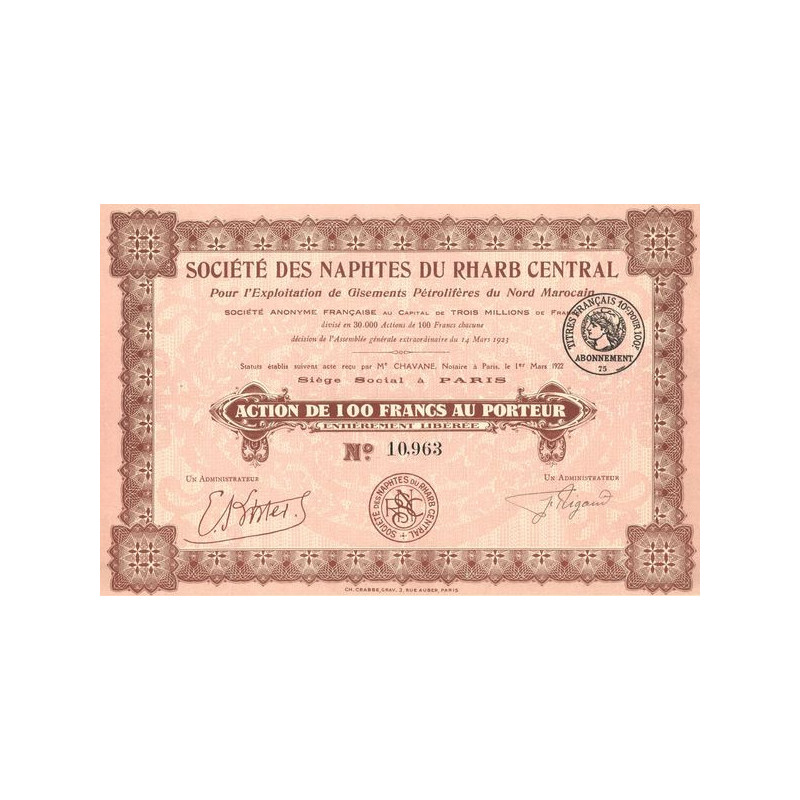 Sté des Naphtes du Rharb Central Pour l'Exploitation de Gisements Pétrolifères du Nord Marocain (Act 100 F)