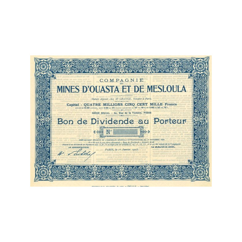 Cie des Mines d'Ouasta et de Mesloula (Bon de Dividende) (Blanquette)