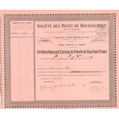 Sté des Mines de Boudjoudoun (Certif Nomin Act P 500 F)