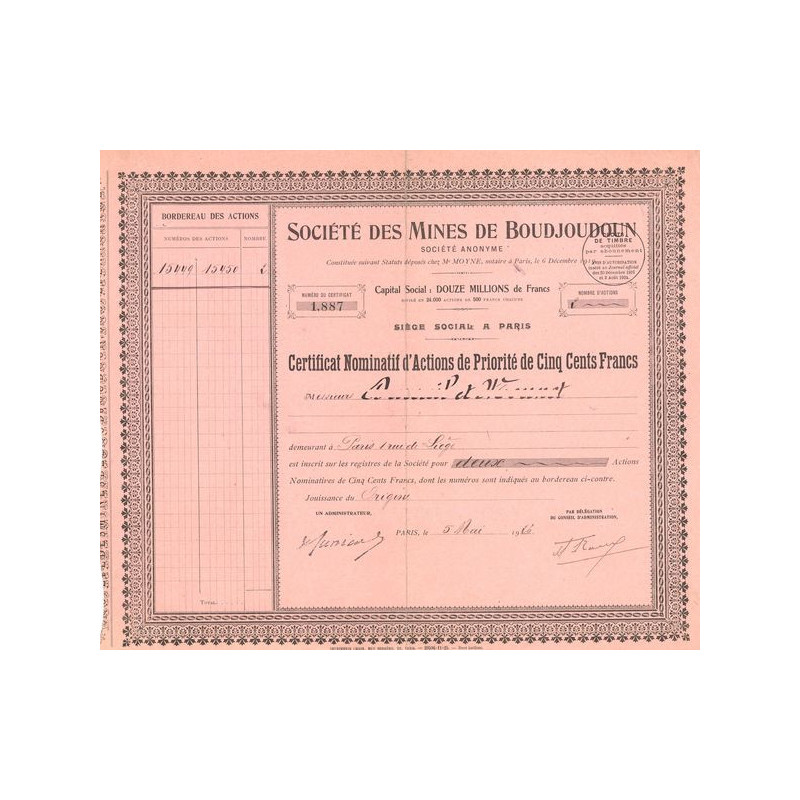 Sté des Mines de Boudjoudoun (Certif Nomin Act P 500 F)