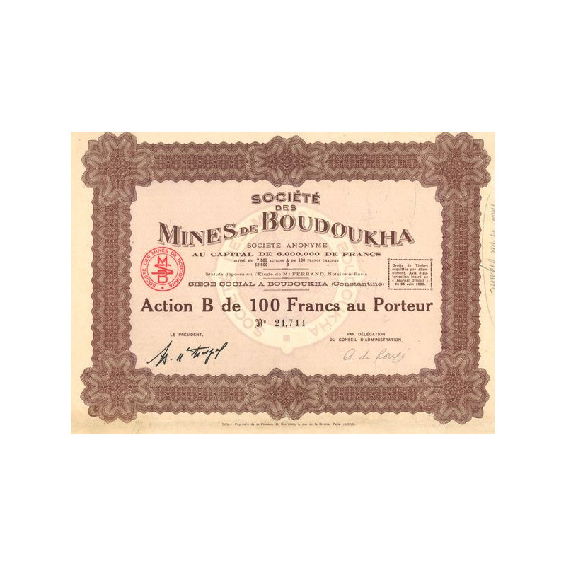 Sté des Mines de Boudoukha S.A. (Act B 100 F)