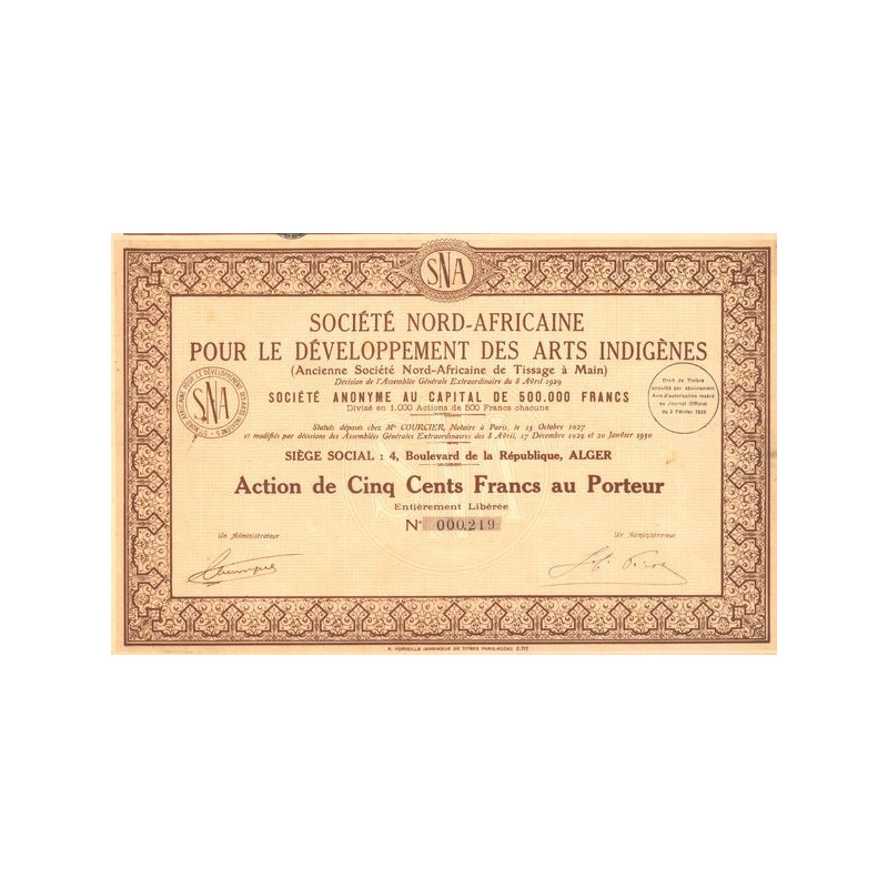 Sté Nord-Africaine pour le Développement des Arts Indigènes (Act 500 F)