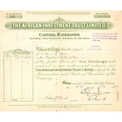 The African Investment Trust Ltd (Act 10 Shillings)