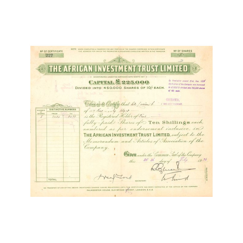 The African Investment Trust Ltd (Act 10 Shillings)