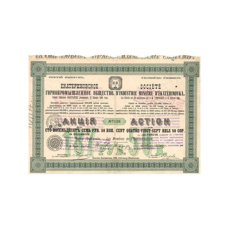 Sté d'Industrie Minière d'Ekatérinovka - Act 187.50 Rb - 1898