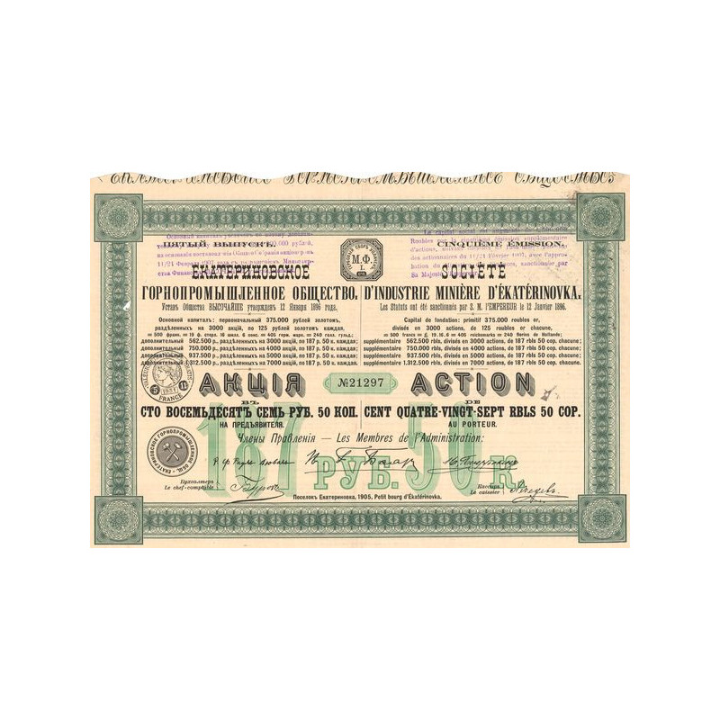 Sté d'Industrie Minière d'Ekatérinovka - Act 187.50 Rb - 1905