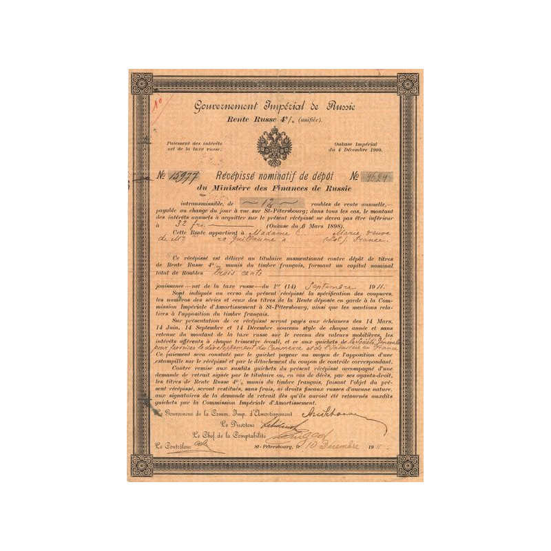 Gvt Impérial de Russie Rente Russe 4% (Unifiée) (Récépissé Nomin de Dépôt)