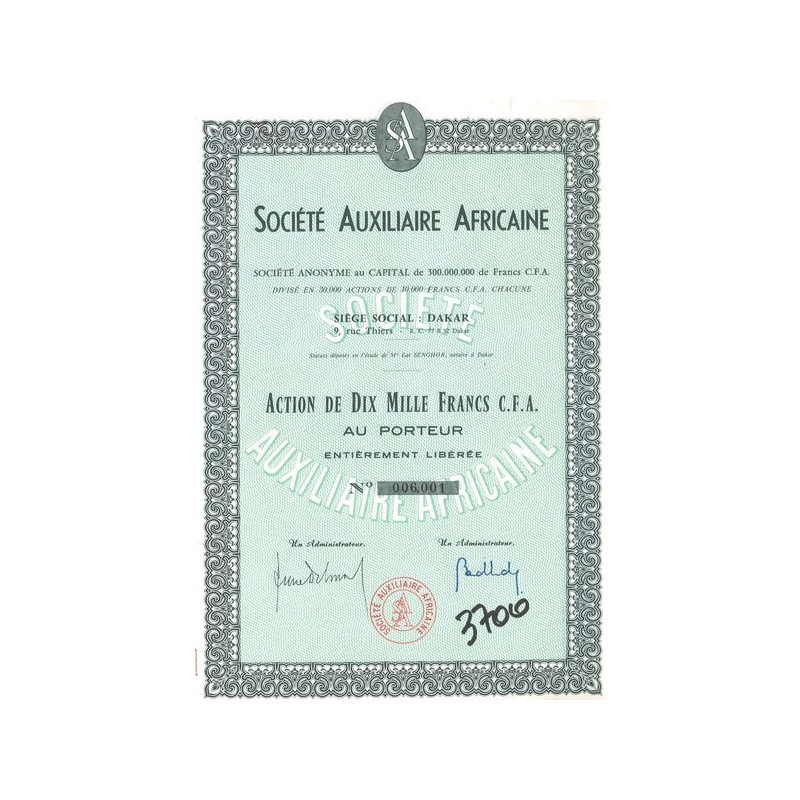 Sté Auxiliaire Africaine (Act 10000 F C.F.A.)