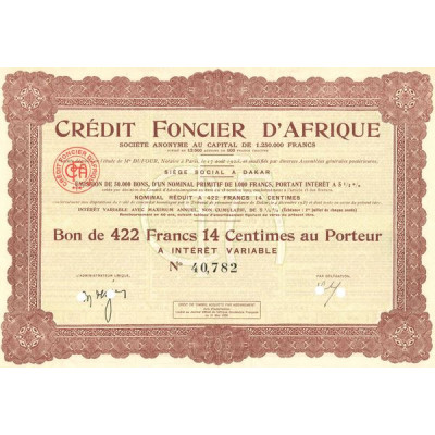 Crédit Foncier d'Afrique (Bon 422 F 14 Centimes)
