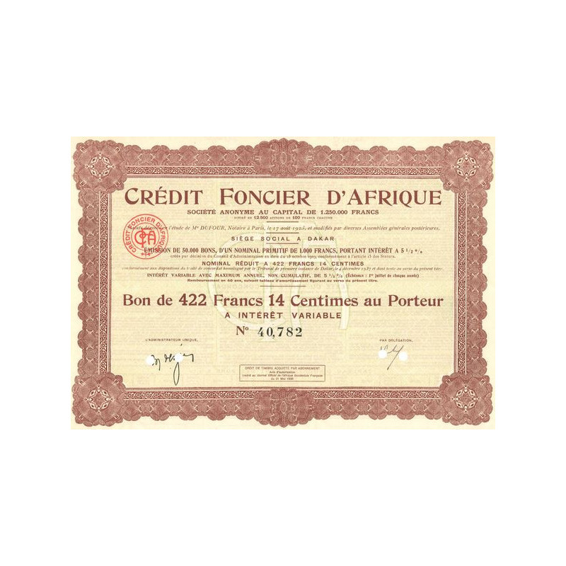 Crédit Foncier d'Afrique (Bon 422 F 14 Centimes)