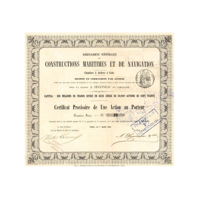 Cie Générale de Constructions Maritimes et de Navigation - Chantiers é Ateliers à Cette (Certif Provisoire 1 Act)