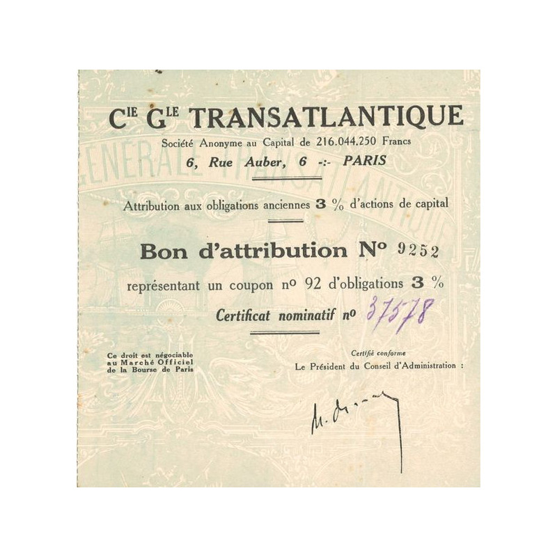 Cie Générale Transatlantique (Bon d'Attribution)