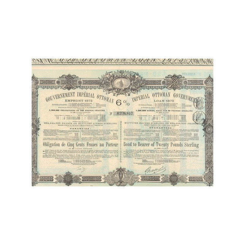 Gvt Impérial Ottoman Emprunt 6 % 1873 (Obl 500 F)