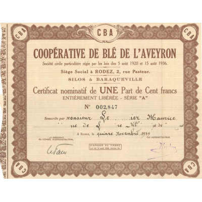 Coopérative de Blé de l'Aveyron (Certif Nomin 100 F) - Serie A