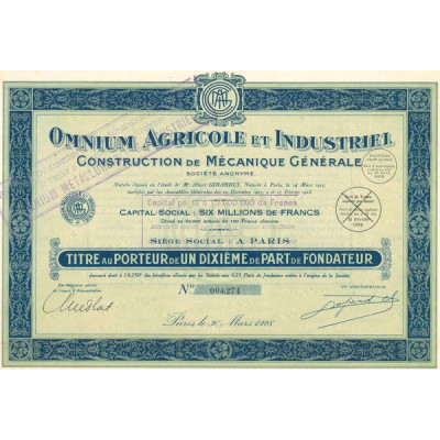 Omnium Agricole et Industriel - Construction de Mécanique Générale (Titre 1 10ème de PF)