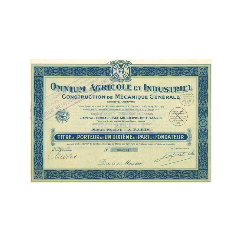 Omnium Agricole et Industriel - Construction de Mécanique Générale (Titre 1 10ème de PF)