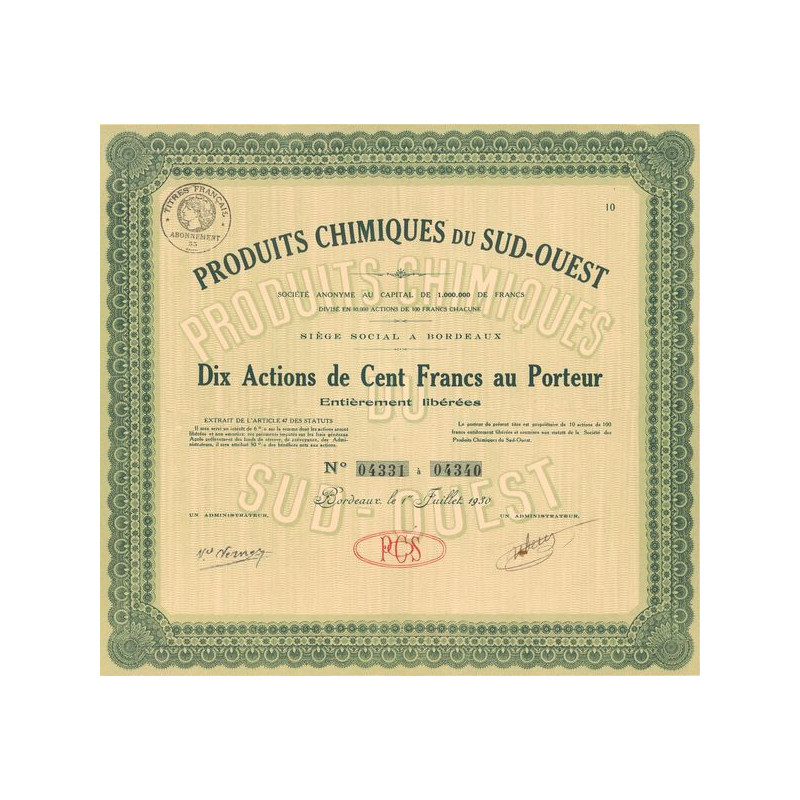 Produit Chimiques du Sud-Ouest (Titre 10 Act 100 F)