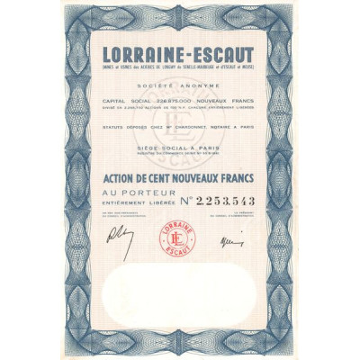 Lorraine-Escaut (Mines et Usines des Aciéries de Longwy de Senelle-Maubeuge et d'Escaut et Meuse) (Act 100 NF)(Modele 1 - Bleu)