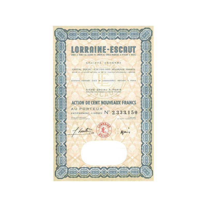 Lorraine-Escaut (Mines et Usines des Aciéries de Longwy de Senelle-Maubeuge et d'Escaut et Meuse) (Act 100 NF)(Modele 2 - Vert)