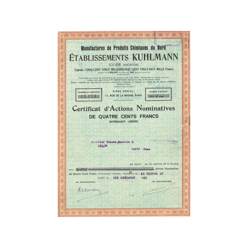 Manufactures de Produits Chimiques du Nord - Etablissements Kuhlmann (Certif Act Nomin 400 F)