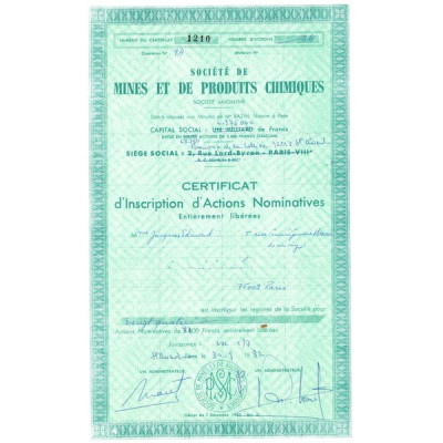 Sté de Mines et de Produits Chimiques (Certif d'Inscription d'Act Nomin)