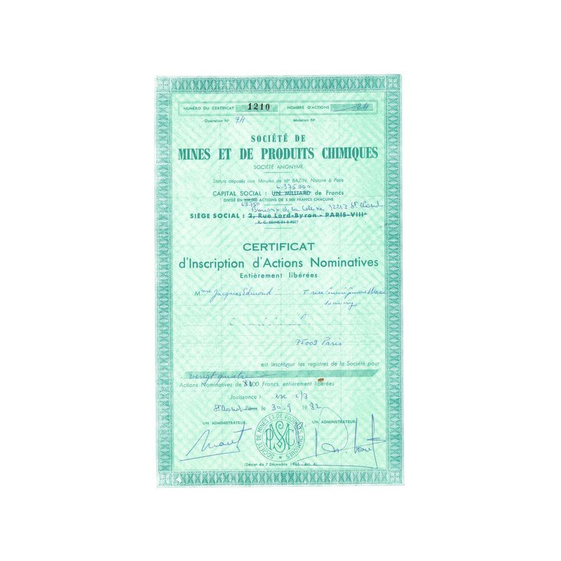 Sté de Mines et de Produits Chimiques (Certif d'Inscription d'Act Nomin)