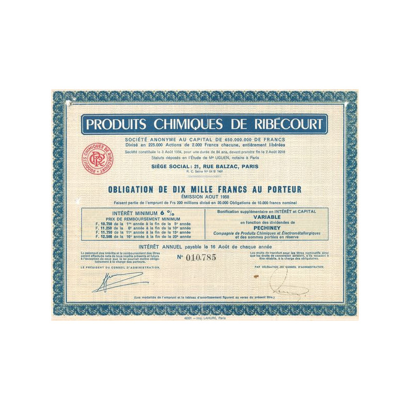 Produit Chimiques de Ribécourt (Obl 10000 F)
