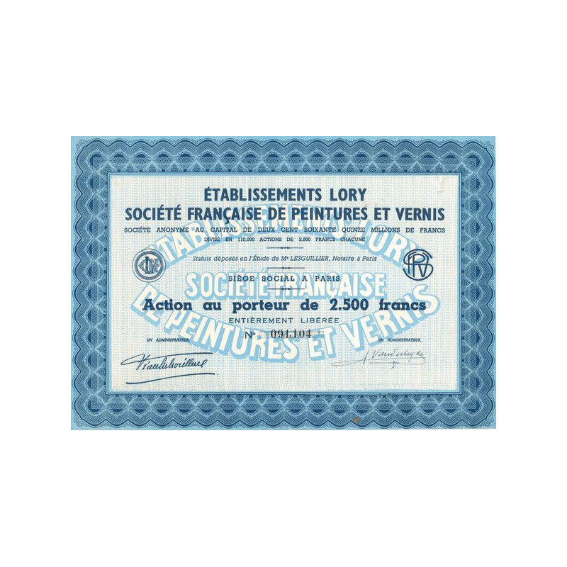 Etablissements Lory Sté Française de Peintures et Vernis (Act 2500 F)