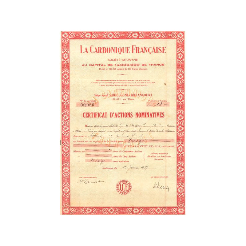 La Carbonique Française (Certif d'Act Nomin)