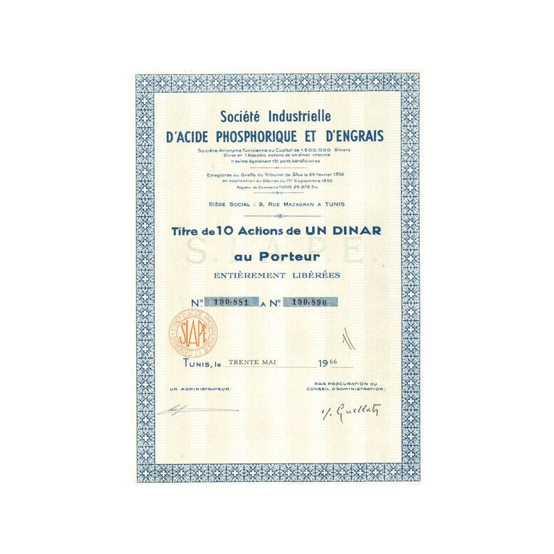 Sté Industrielle d'Acide Phosphorique et d'Engrais (Titre 10 Act 1 Dinar)