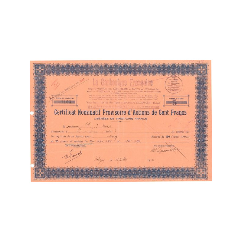 La Carbonique Française (Certif Nomin d'Act 100 F)