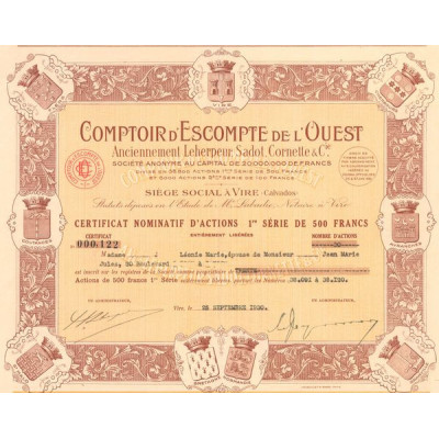 Comptoir d'Escompte de l'Ouest - Anc Leherpeur Sadot Cornette & Cie (Certif Nomin d'Act 500 F)