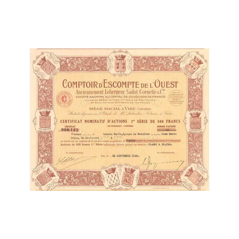 Comptoir d'Escompte de l'Ouest - Anc Leherpeur Sadot Cornette & Cie (Certif Nomin d'Act 500 F)
