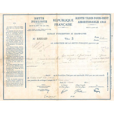 Dette Publique - Rente 3 % Amortissable 1945 - 510 F