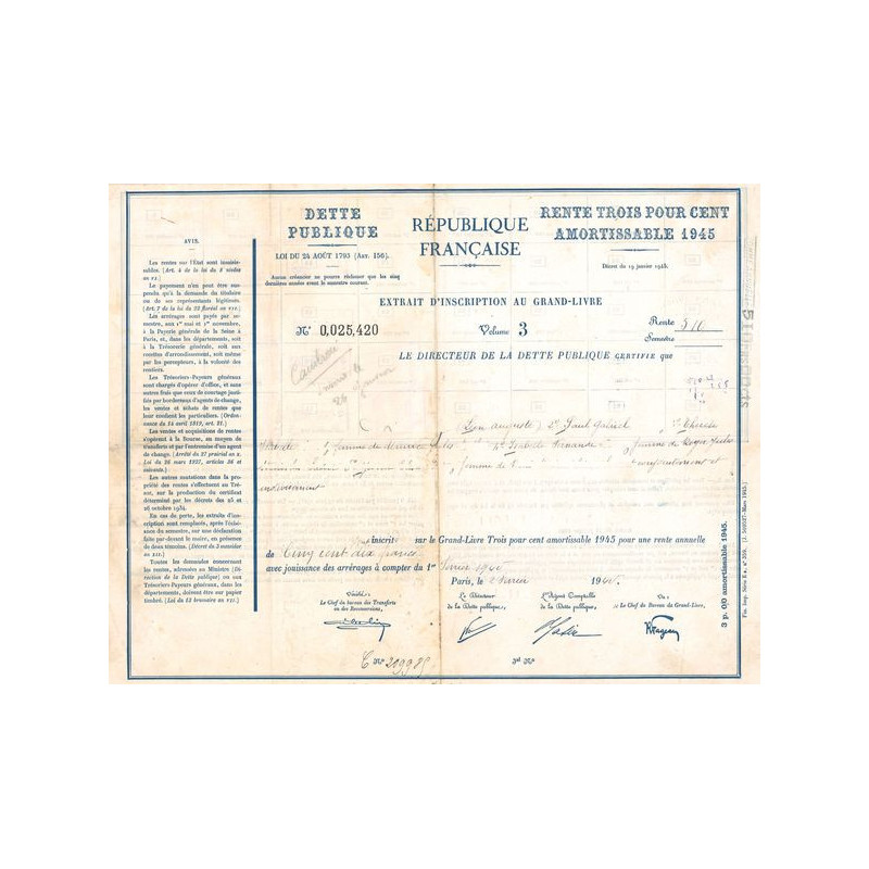 Dette Publique - Rente 3 % Amortissable 1945 - 510 F