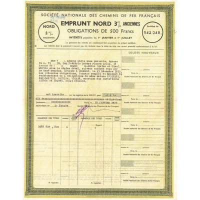 Sté Nationale des Chemins de Fer Français - Emprunt Nord 3 % Anciennes (Obl 500 F)
