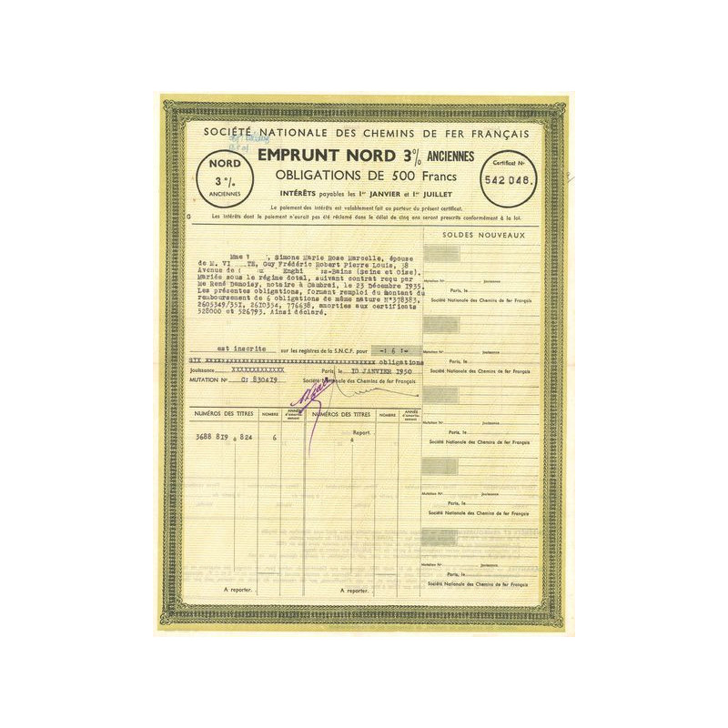 Sté Nationale des Chemins de Fer Français - Emprunt Nord 3 % Anciennes (Obl 500 F)