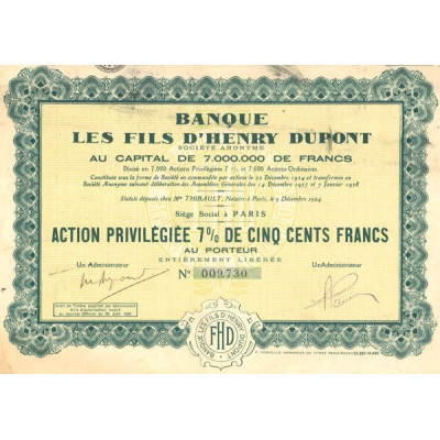 Banque Les Fils d'Henry Dupont S.A. (Act Privil 7% 500 F)