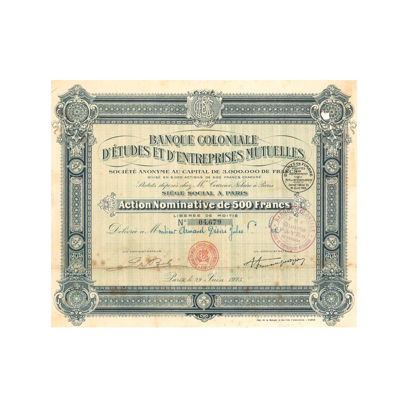 Banque Coloniale d'Etudes et d'Entreprises Mutuelles (Action Nomin 500 F)