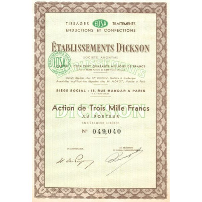 Etablissements Dickson - EDSA Tissages Traitements Enductions et Confections (Act 3000 F)