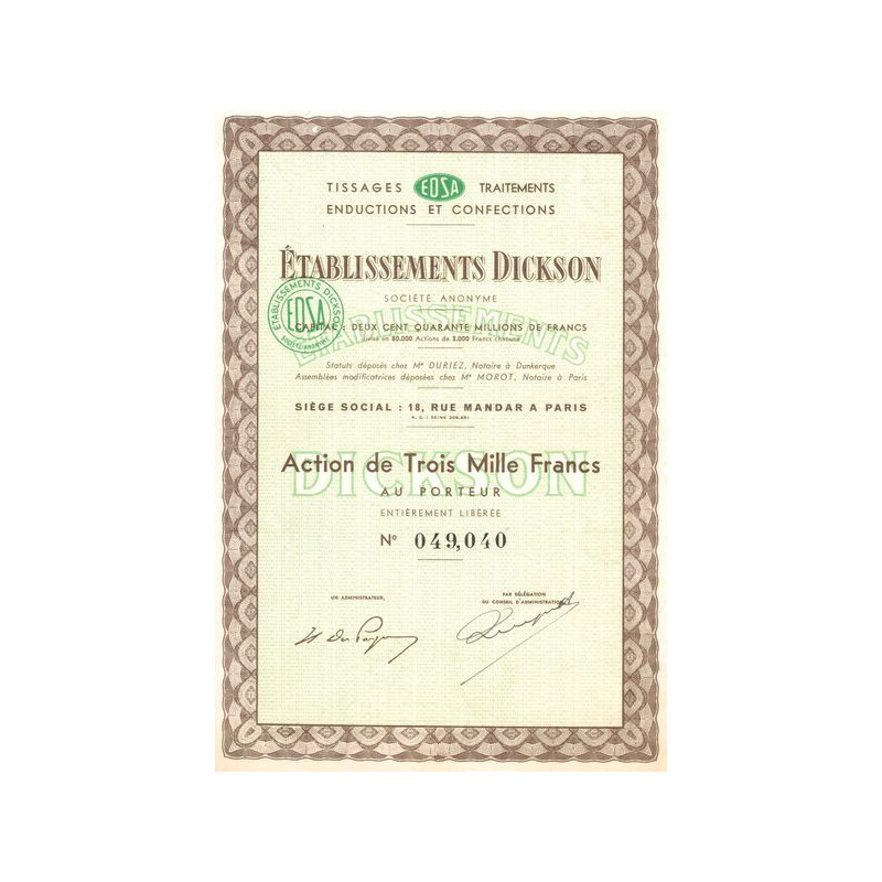 Etablissements Dickson - EDSA Tissages Traitements Enductions et Confections (Act 3000 F)
