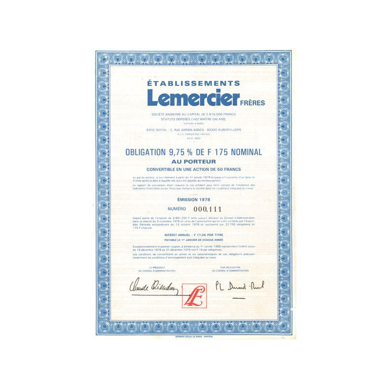 Etablissements Lemercier Frères (Obl 9.75% 175 F)