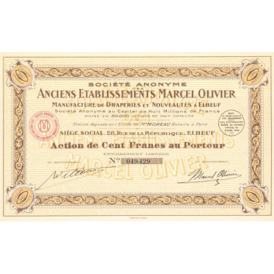 S.A. des Anciens Etablissements Marcel Olivier - Manufacture de Draperies et Nouveautés à Elbeuf (Act 100 F)
