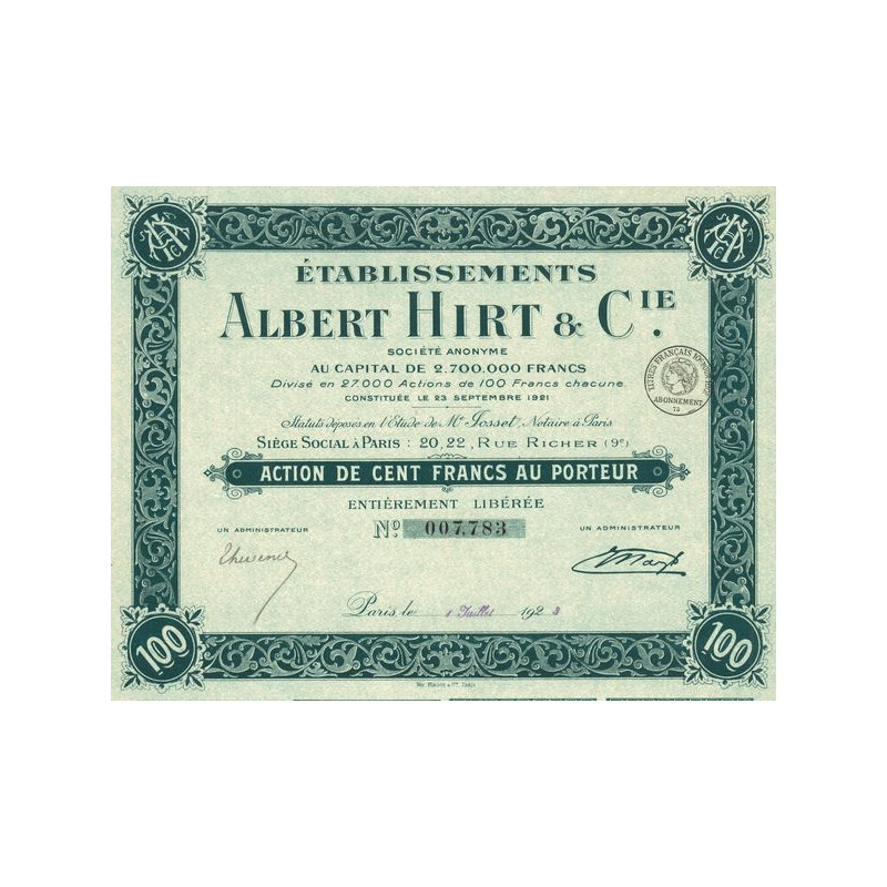 Etablissements Albert Hirt & Cie (Act 100 F)